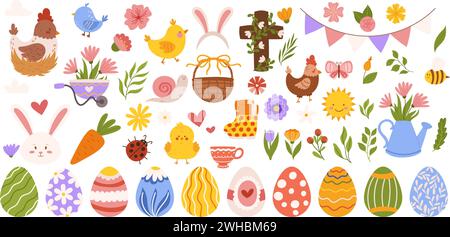 Grande collection de Pâques avec différents éléments sur le thème - oeufs peints, lapin, poulets et fleurs, croix. Eléments plats vectoriels dessinés à la main. Illustration de Vecteur