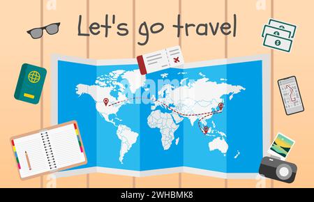 Concept de voyage et de tourisme avec carte papier, appareil photo numérique, passeport, billet, lunettes de soleil, smartphone, argent et ordinateur portable. Illustration vectorielle. Illustration de Vecteur