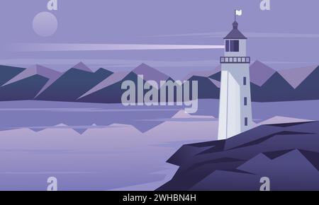 Phare sur le bord de mer la nuit. Illustration vectorielle. Illustration de Vecteur