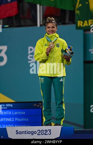 Santiago, Chili, 28 octobre 2023, Larissa Pimenta (BRA), médaille d'or lors du Judo - femmes -52kg podium aux Jeux panaméricains de 2023 Banque D'Images