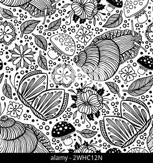 Noir et blanc escargots dessinés à la main feuilles et fleurs. Motif vectoriel sans couture Illustration de Vecteur