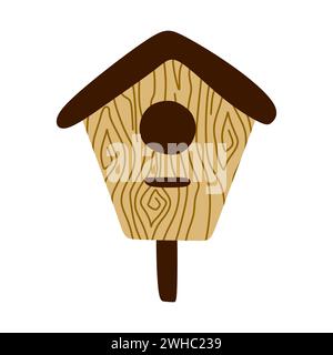 Joli Birdhouse en bois avec fenêtre. Mangeoire à oiseaux, bâtiments faits de planches. Journée des oiseaux, protection de la nature. Artisanat en bois, décoration de jardin. Ressort Illustration de Vecteur