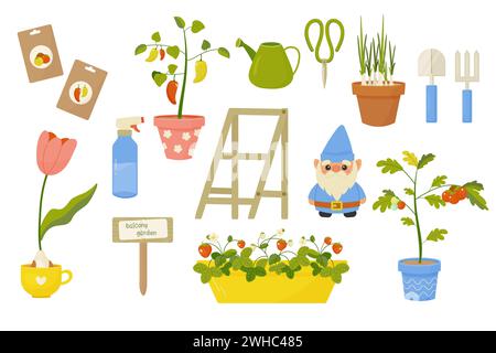 Jardin sur balcon. jardinage urbain, légumes en pots , plantation de printemps. tomates, poivrons, bouillon, oignons, graines. Vecteur Illustration de Vecteur