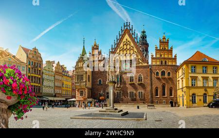 Hôtel de ville sur la place du marché, Wroclaw, Pologne Banque D'Images