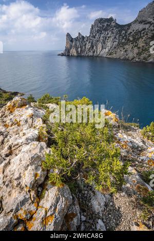 Vue sur le paysage de la montagne Karaul-Oba et de la baie bleue en Crimée, New Light Resort, Fédération de Russie. Banque D'Images