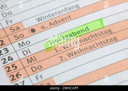 Calendrier, 24 décembre, 4ème Avent, Noël, veille de Noël, biros, Allemagne Banque D'Images