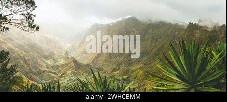 Les plantes d'Agava et les montagnes rocheuses dans la vallée de XOXO, sur l'île de Santo Antao, au Cap-Vert. Prise de vue panoramique. Banque D'Images