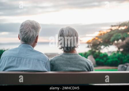 Vue de la tête gros plan portrait heureux cheveu gris femme d'âge moyen avec mari plus âgé, appréciant assis sur le banc au parc. Lier aimant vieux couple de famille embrassant, regardant le coucher du soleil. Banque D'Images