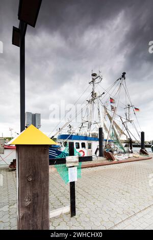 Croix noires, protestation, crevette dans le port, tourisme, pêcheurs, digue, Dornumersiel, Frise orientale, mer du Nord, Allemagne, Banque D'Images