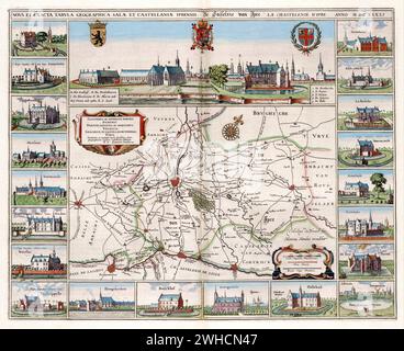 Carte des châteaux de la région d'Ypres, Belgique Willem et Johannes Joan Blaeu, 1641 Banque D'Images