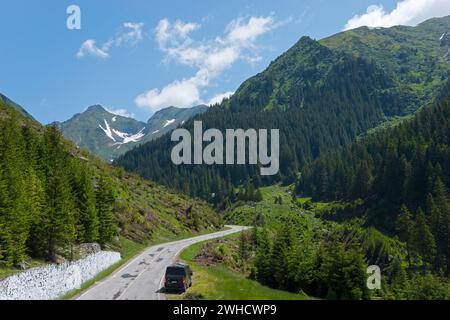 Route menant à travers un paysage de montagne pittoresque avec une végétation luxuriante et un ciel bleu clair, Mountain Road, Transfogarasan High Road Banque D'Images