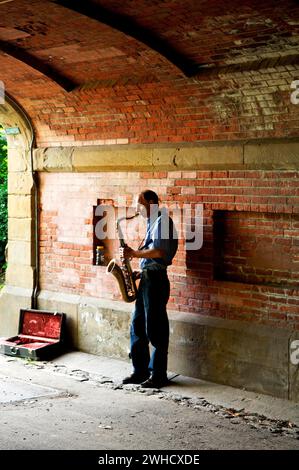 Saxophoniste sous un pont dans Central Park, New York City, USA Banque D'Images