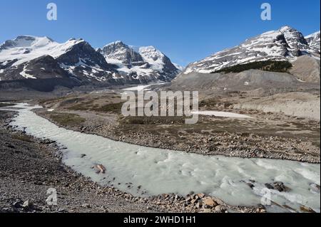 Rivière Sunwapta devant le mont Andromeda et le mont Athabasca, champ de glace Columbia, promenade des champs de glace, parc national Jasper (Alberta), Canada Banque D'Images