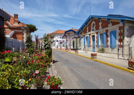 Fleuriste et maison avec volets bleus sur une rue à Soulac-sur-mer, Gironde, Nouvelle-Aquitaine, France Banque D'Images