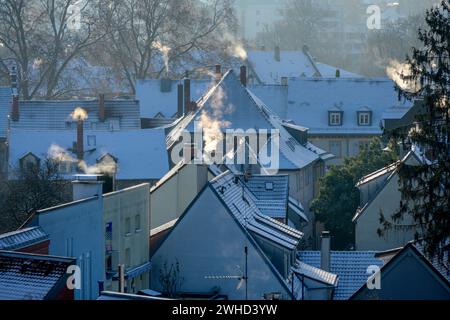 Allemagne, Bade-Württemberg, Karlsruhe, Durlach, toits de la vieille ville avec cheminées fumantes Banque D'Images