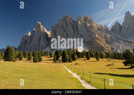 Vue depuis le Gschnagenhardt Alm jusqu'aux sommets Geisler (3025m) en automne, vallée de Villnöss, Province de Bolzano, Haut Adige, Tyrol du Sud, Alpes, Dolomites, Parc naturel de Puez-Geisler, Groupe Odle, Trentin-Tyrol du Sud, Italie, Italie Banque D'Images