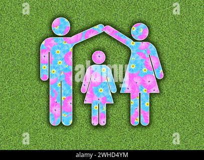 Pictogramme famille, homme et femme avec une fille, un enfant avec motif de fleur sur fond vert, graphique Banque D'Images