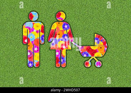 Pictogramme de famille avec, homme et femme et bébé en poussette, conçu avec des fleurs colorées sur fond vert, graphique Banque D'Images