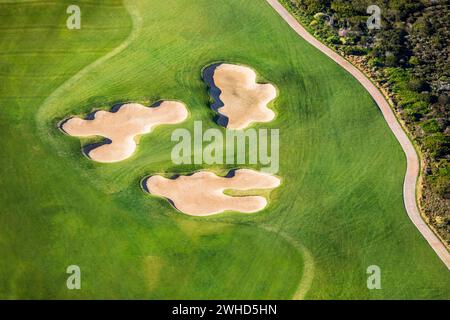 Vue aérienne, Afrique, Mossel Bay, Afrique du Sud, Western Cape Province, copier espace, jour, plein air, tourisme, résumé, terrain de golf, bunkers de sable, Golf Banque D'Images