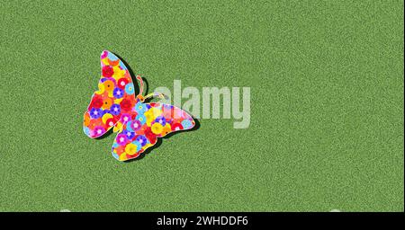 Silhouette de papillon avec des fleurs colorées sur un fond vert, volant en été, graphisme, illustration Banque D'Images