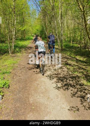 Vélo dans la campagne, vélo à travers les bois verts, trois cyclistes par derrière sur un chemin forestier à Berlin au printemps Banque D'Images