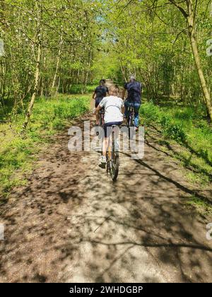 Vélo dans la campagne, vélo à travers les bois verts, trois cyclistes par derrière sur un chemin forestier à Berlin au printemps Banque D'Images