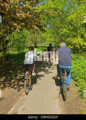 Vélo dans la campagne, vélo à travers les bois verts, trois cyclistes par derrière sur un chemin forestier à Berlin au printemps Banque D'Images