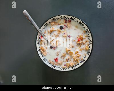 Muesli avec du lait dans un bol pour le petit déjeuner, muesli aux fruits avec des grains et des fruits, cuillère Banque D'Images