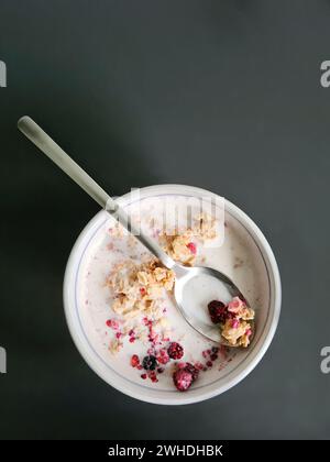 Muesli avec du lait dans un bol pour le petit déjeuner, muesli aux fruits avec des grains et des fruits tels que des baies sauvages et une cuillère Banque D'Images