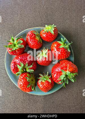 Fraises rouges fraîches dans un bol sur un fond gris Banque D'Images