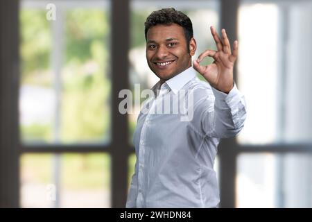 Homme d'affaires indien prospère montrant un geste correct de la main. Homme souriant donnant le signe OK sur fond flou. Banque D'Images