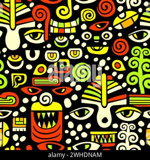 Motif sans couture des visages graphiques abstraits. Ancien masque Inca. dessin à la main. Pas ai . Illustration vectorielle Illustration de Vecteur