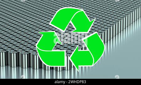 Signe de recyclage de matériel, 4680 déchets de batteries de voiture électrique, usine de recyclage de cellules d'accumulateur, déchirure de batterie, énergie de pollution toxique pour électrique v Banque D'Images