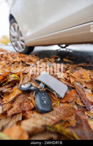 Clé de voiture avec Apple AirTag perdue en sortant de la voiture, bord de route, feuilles de chute, voiture, image de symbole, étiquette de suivi, Banque D'Images