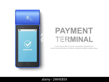 Machine de paiement Vector 3d réaliste bleu NFC avec le statut approuvé. Modèle de conception pour terminal sans contact de paiement bancaire. Maquette d'une caisse de paiement Illustration de Vecteur