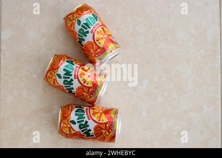 KIEV, UKRAINE - 4 MAI, 2023 : Mirinda boisson orange dans une boîte d'agrumes orange avec un design classique et logo en gros plan Banque D'Images