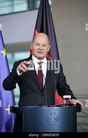 '23.01.2024, Allemagne, Berlin, Berlin - le chancelier fédéral Olaf Scholz à la conférence de presse à la Chancellerie après la quatrième réunion de l'Alliance Banque D'Images