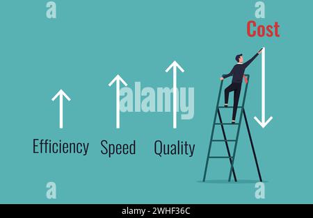 Homme d'affaires dessinant des lignes de flèche diminuent le coût par rapport à l'augmentation de l'efficacité, de la vitesse et de l'illustration vectorielle de concept de qualité. Illustration de Vecteur