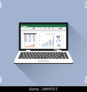 Icône plate de feuille de calcul sur l'écran de l'ordinateur portable. Concept de rapport comptable financier. objets de bureau pour la planification et la comptabilité, l'analyse, l'audit, la gestion de projet Illustration de Vecteur