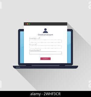 Concept de formulaire d'inscription en ligne sur l'écran d'ordinateur portable. Interface de page de connexion sur l'illustration vectorielle du navigateur Web. Illustration de Vecteur