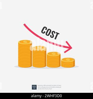 Réduction des coûts, réduction des coûts, optimisation des coûts concept métier. Piles de pièces de monnaie avec courbe descendante ou illustration vectorielle de flèche. Illustration de Vecteur