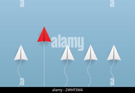 concept de leadership avec des avions rouges et blancs sur le ciel bleu. Avion de plomb se démarquer de l'autre suiveur d'avion de papier Illustration de Vecteur