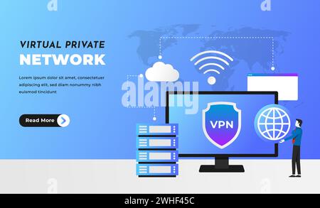 Modèle de page d'accueil d'illustration de service VPN. Illustration pour sites Web, applications mobiles, affiches et bannières. Illustration de Vecteur