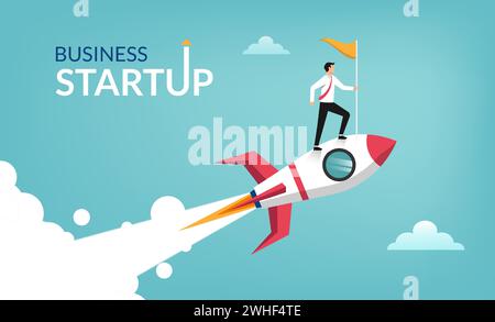 Homme d'affaires prospère commencer tenant le drapeau sur la fusée volant à travers le ciel. Illustration de concept commercial. Illustration de Vecteur