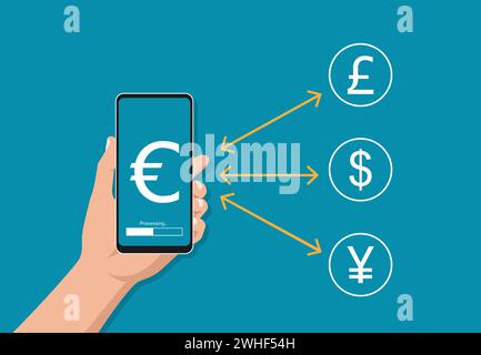 Main tenant un smartphone avec symbole monétaire. Illustration vectorielle de concept de change de monnaie Illustration de Vecteur