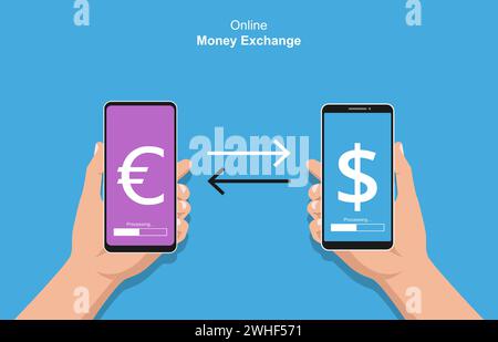 Mains tenant smartphone faisant des transactions concept. Illustration vectorielle d'échange d'argent en ligne Illustration de Vecteur