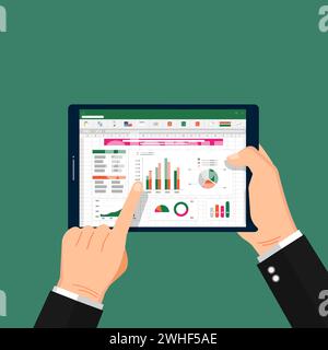 Main tenant la tablette avec feuille de calcul dessus. Objets de bureau pour la planification et la comptabilité, l'analyse, l'audit, l'illustration de concept de gestion de projet Illustration de Vecteur