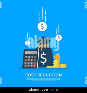 Réduction des coûts, réduction des coûts, optimisation des coûts concept métier. Sac d'argent, calculatrice et illustration vectorielle de symbole de pièces de monnaie Illustration de Vecteur