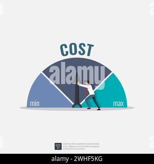 Homme d'affaires essayant de pousser le coût à l'illustration de position minimum. Concept de stratégie de réduction des coûts. Illustration de Vecteur