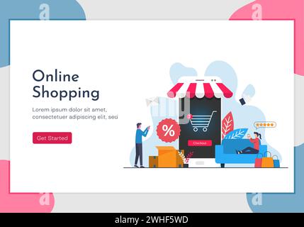 Concept d'achat en ligne avec des personnages de personnes à l'aide de leur gadget aux magasins. Modèle de page de destination d'une illustration de style de vie. Illustration de Vecteur